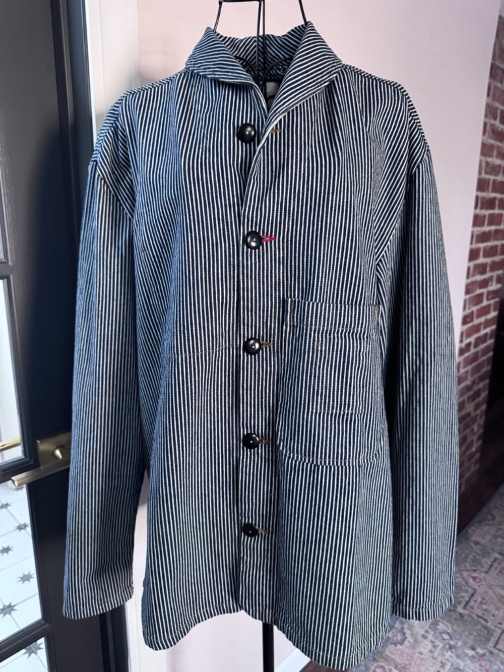 Men's Navy & White Striped Button-Up Jacket Shirt
